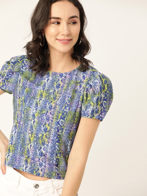 

DressBerry Blue & Yellow Snakeskin Print Puff Sleeves Regular Top