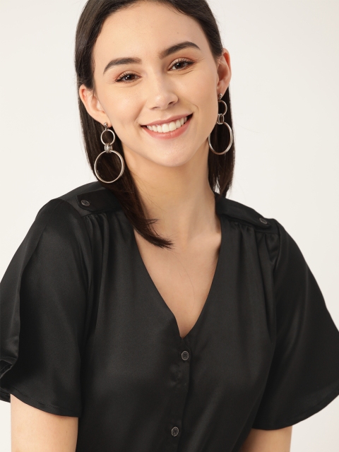 

Dressberry Black Solid Satin Finish Flared Sleeves Regular Top
