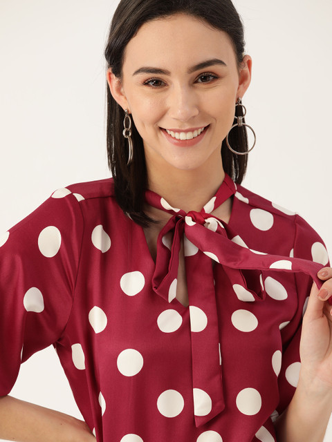 

Dressberry Maroon & White Polka Dots Print Tie-up Neck Flared Sleeves Regular Top