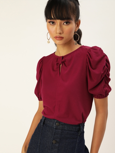 

DressBerry Burgundy Keyhole Neck Puff Sleeve Regular Top