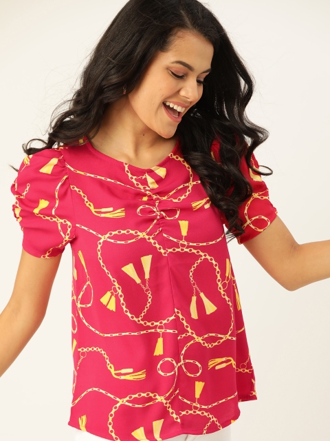 

DressBerry Magenta & Yellow Printed Puff Sleeves Top