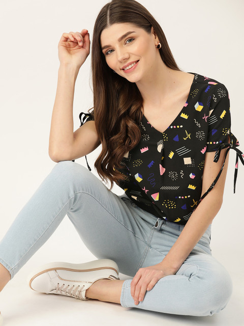 

DressBerry Black & Yellow Geometric Printed Blouson Top