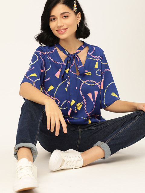 

Dressberry Blue & Yellow Printed Tie-Up Neck Flared Sleeves Regular Top