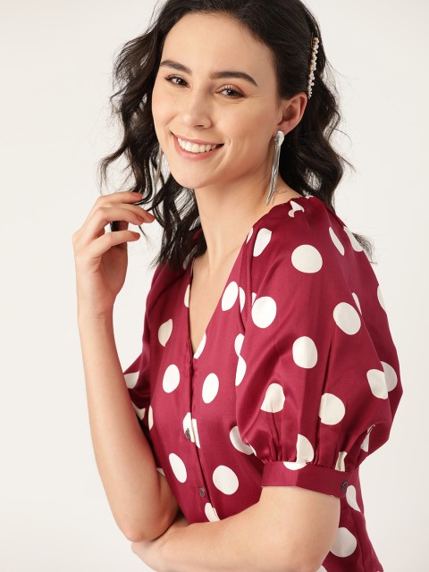 

Dressberry Maroon & White Polka Dots Print Puff Sleeves Regular Top
