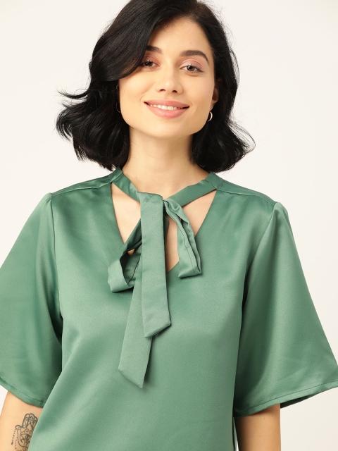 

DressBerry Women Green Solid Satin Finish Stylised Tie-Up Neck Top