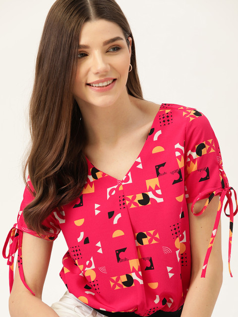 

DressBerry Pink & Yellow Geometric Printed Blouson Top