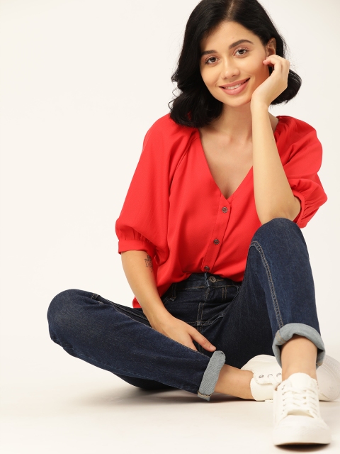 

Dressberry Red Puff Sleeves Regular Top