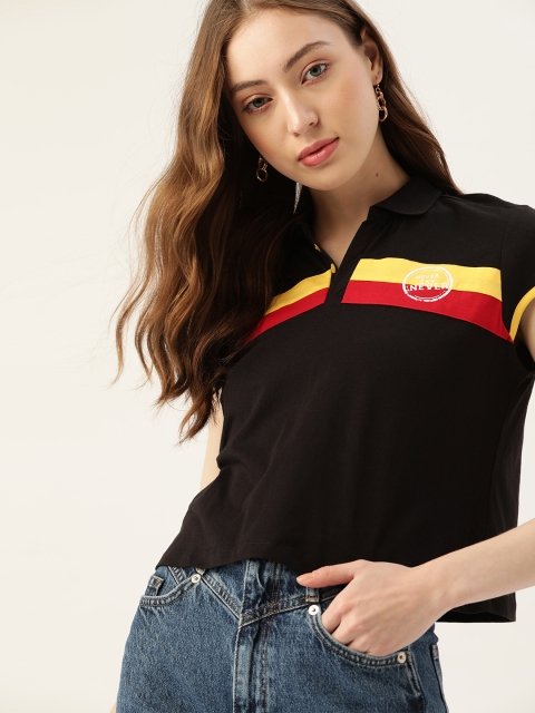 

DressBerry Women Black & Yellow Striped Cotton Polo Collar T-shirt