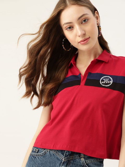 

DressBerry Women Red & Navy Blue Striped Cotton Polo Collar T-shirt