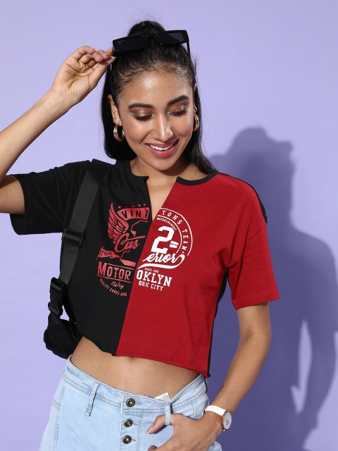 

DressBerry Women Black Colourblocked Cropped Tshirt