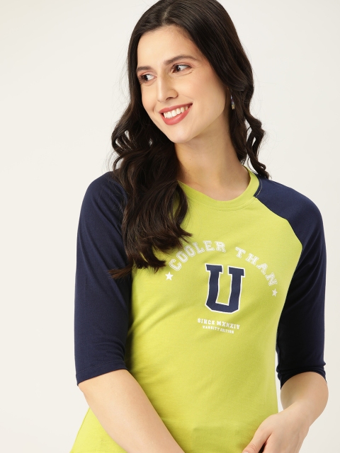 

DressBerry Women Green & Navy Blue Pure Cotton Typography T-shirt
