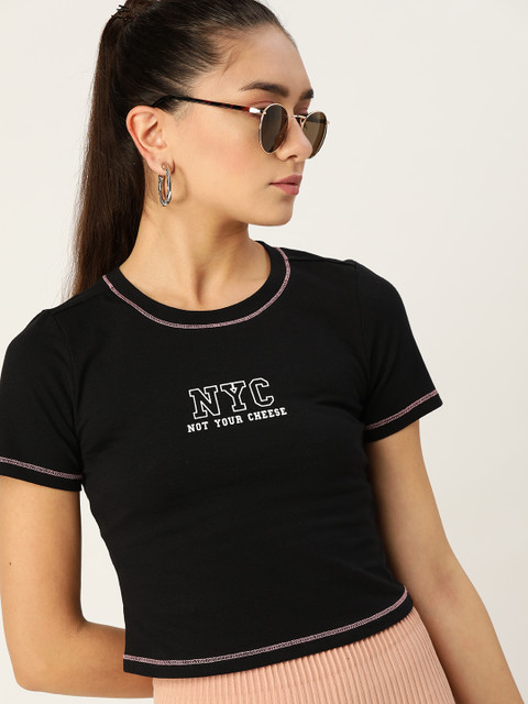 

DressBerry Women Black & White Typography Printed T-shirt