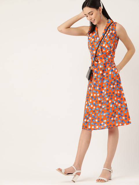 

DressBerry Women Orange & Blue Printed Wrap Dress with Belt