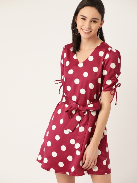 

DressBerry Women Maroon & White Polka Dots Print A-Line Dress with Belt