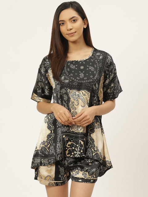 

Prakrti Women Black & Beige Scarf Print Satin Night suit