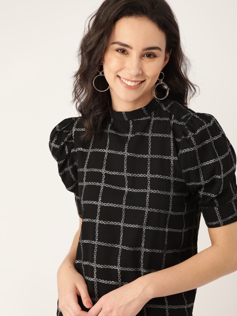 

Dressberry Black & Silver Checked Puff Sleeves Regular Top