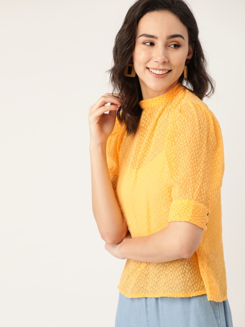 

Dressberry Yellow Geometric Semi-Sheer Dobby Weave Puff Sleeves Regular Top