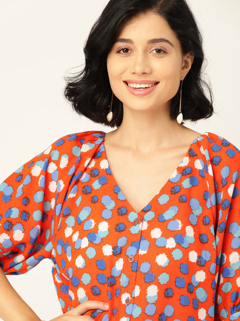 

DressBerry Women Orange & Blue Puff Sleeves Printed Top