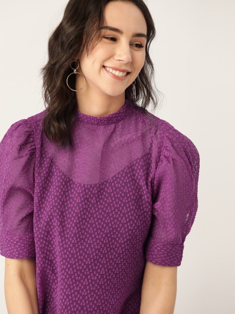 

Dressberry Purple Geometric Semi-Sheer Dobby Weave Puff Sleeves Regular Top