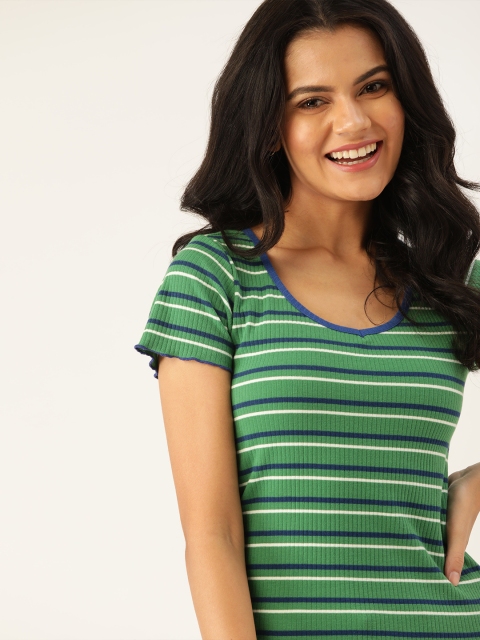 

DressBerry Women Green & Blue Striped Ribbed T-shirt