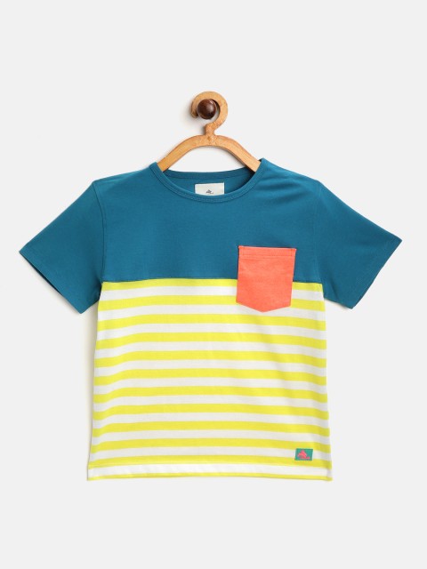 

Cherry Crumble Boys Yellow & Teal Blue Striped Cotton Round Neck T-shirt