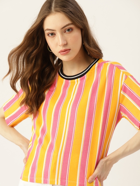 

DressBerry Women Yellow & Pink Pure Cotton Striped T-shirt