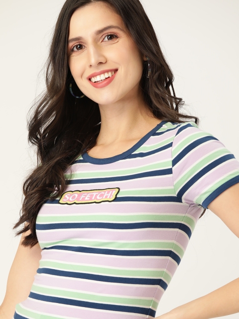 

DressBerry Women Pink & Green Striped Slim Fit T-shirt