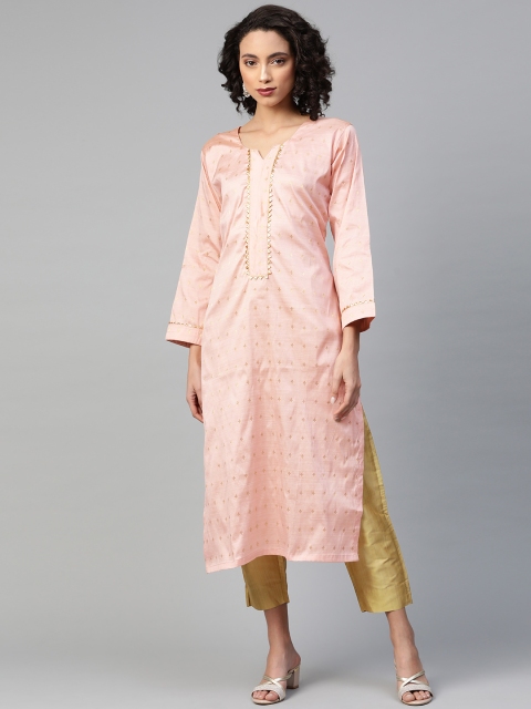 

Chhabra 555 Women Pink & Beige Made To Measure Woven Design Kurta with Trousers