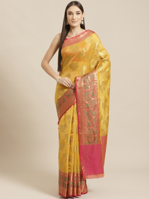 

Chhabra 555 Mustard Yellow & Golden Zari & Resham Woven Handloom Banarasi Chanderi Saree