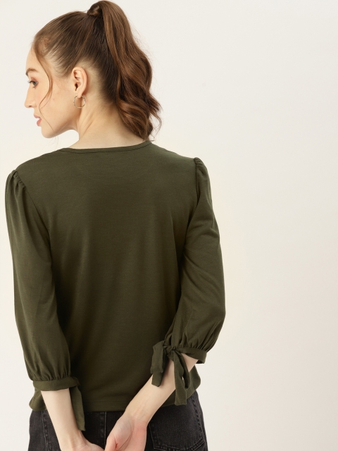 

DressBerry Green Solid Gathered Puff Sleeves Regular Top