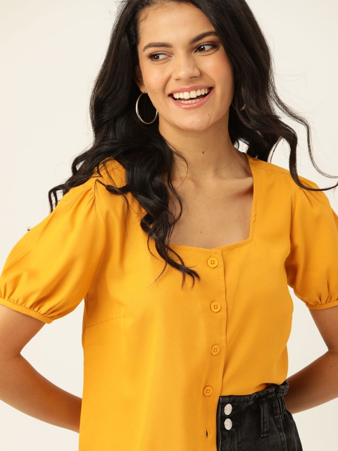

Dressberry Women Mustard Yellow Solid Puff Sleeves Square Neck Regular Top
