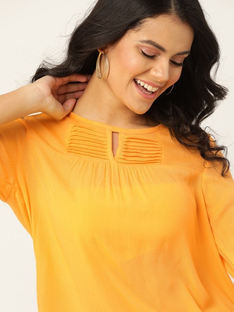 

DressBerry Mustard Yellow Keyhole Neck Puff Sleeves Pintuck Detail Top