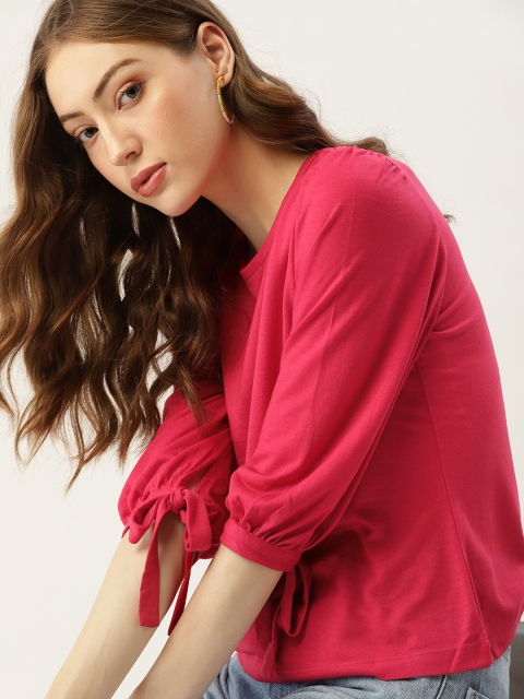 

DressBerry Coral Pink Solid Puff Sleeves Regular Top