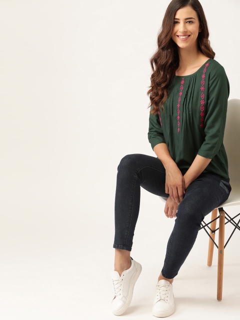 

DressBerry Green & Pink Floral Embroidered Regular Top