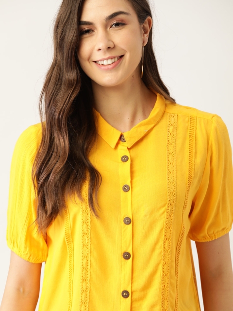 

DressBerry Yellow Solid Puff Sleeve Shirt Style Top