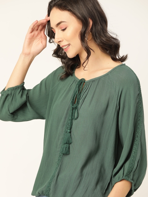 

DressBerry Green Tie-Up Neck Puff Sleeves Blouson Top