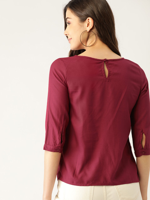 

DressBerry Burgundy Geometric Embroidered Regular Top