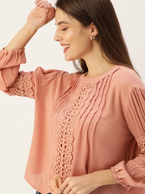 

DressBerry Peach Puff Sleeve Lace Inserted Regular Top