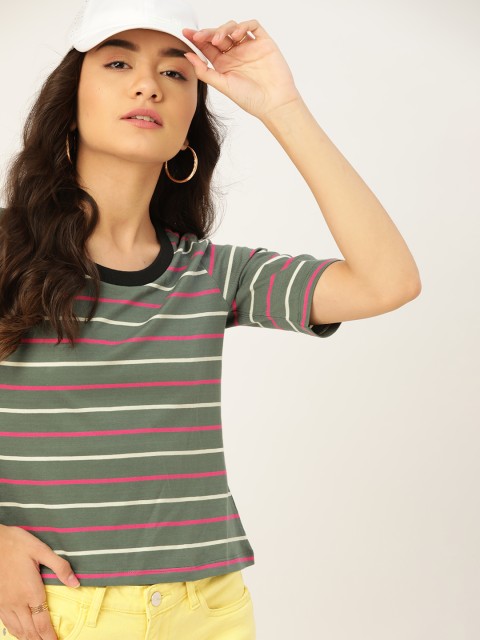 

DressBerry Women Green & Pink Striped Pure Cotton Cropped T-shirt