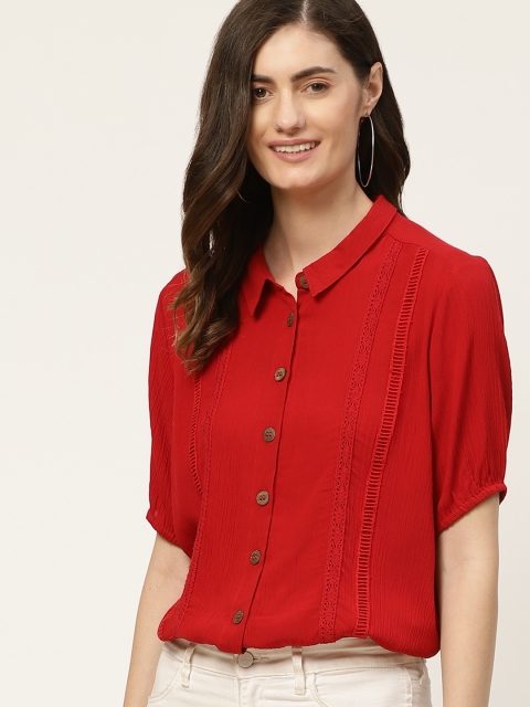 

DressBerry Red Solid Shirt Style Top with Lace Inserts