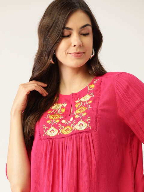 

DressBerry Pink & Off White Floral Embroidered Keyhole Neck Puff Sleeve Empire Top