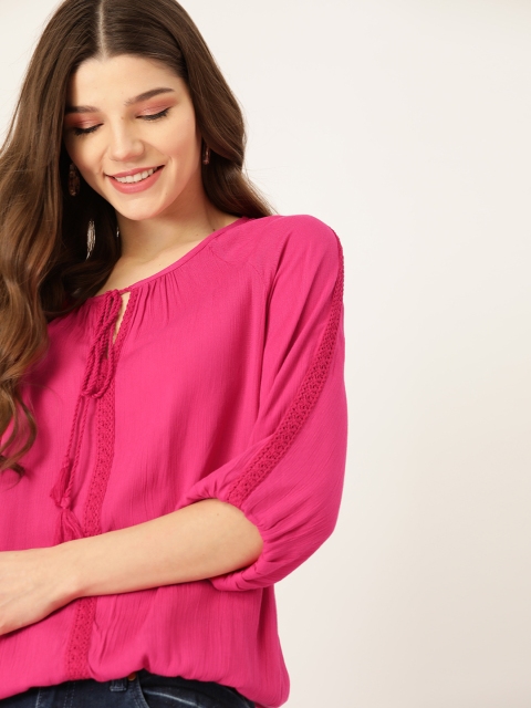 

Dressberry Fuchsia Solid Tie-up Neck Puff Sleeves Blouson Top