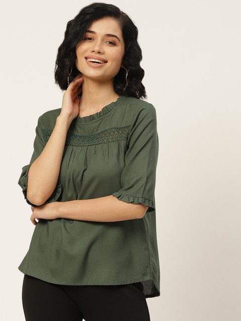 

DressBerry Women Olive Green Sustainable EcoVero Solid Regular Top