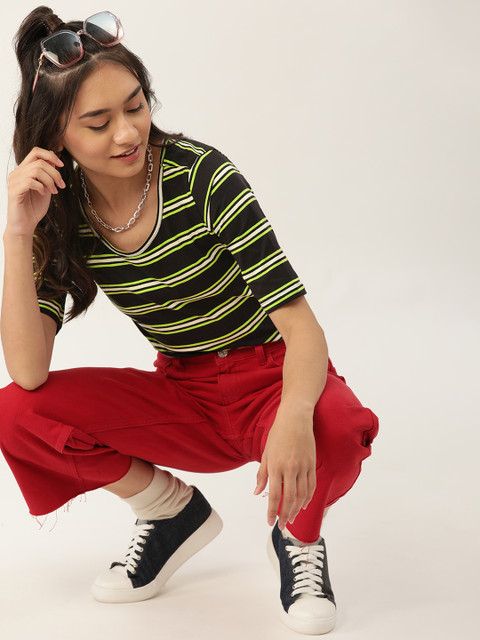 

DressBerry Women Black & Fluorescent Green Striped Cotton T-shirt