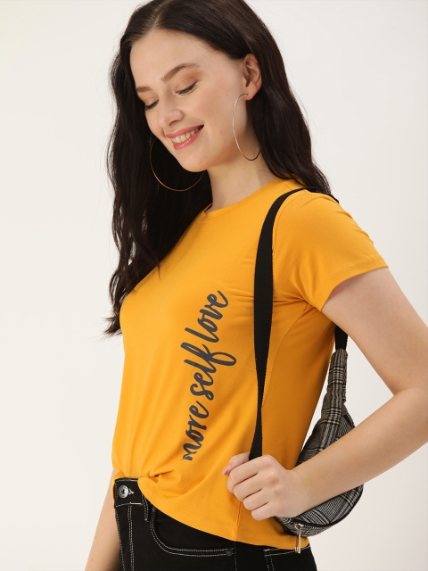 

DressBerry Women Mustard Yellow & Black Placement Typography Printed T-shirt
