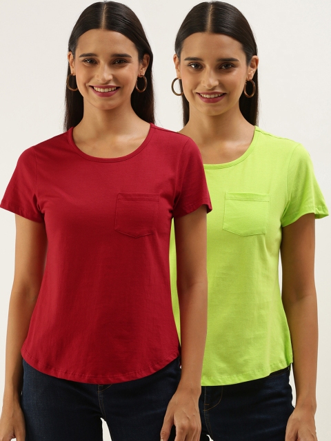 

DressBerry Women Pack of 2 Solid Pure Cotton Chest Pocket T-shirt, Fluorescent green