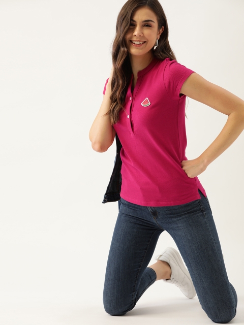 

DressBerry Women Magenta Solid Pure Cotton Henley Neck Applique T-shirt