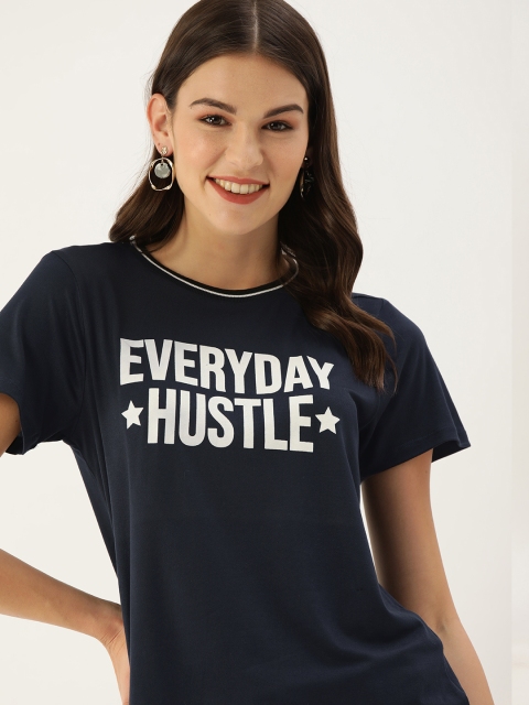 

DressBerry Women Navy Blue & White Printed Round Neck T-shirt