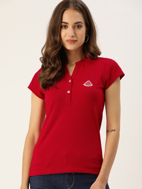 

DressBerry Women Red Mandarin Collar Applique Pure Cotton T-shirt