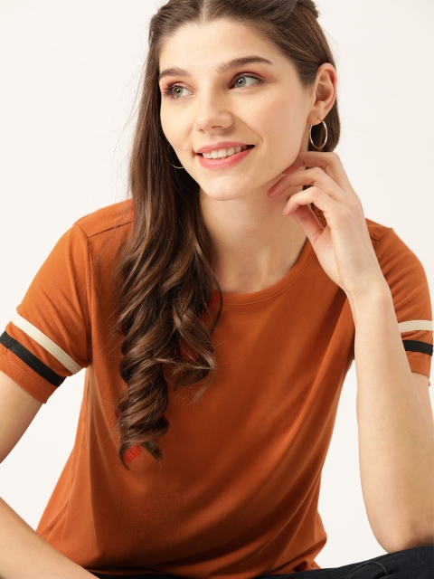 

DressBerry Women Rust Orange Solid Round Neck T-shirt With Striped Sleeves